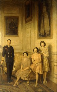 Die königliche Familie: König George VI., Königin Elizabeth und ihre zwei Töchter, Prinzessin Margaret und Prinzessin Elizabeth