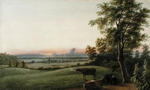 Sonnenaufgang - Flatbush und der Ozean vom Greenwood Cemetery, Long Island, New York, ca. 1830-40 von George Harvey