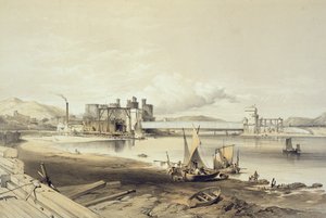 Conway-Brücke, Bau des zweiten Tunnels, September 1848, graviert vom Künstler von George Hawkins