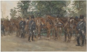 Husaren neben ihren Pferden am Straßenrand von George Hendrik Breitner