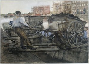 Arbeiter ziehen einen schwer beladenen Wagen auf der Jacob van Lennepkade, Amsterdam von George Hendrik Breitner