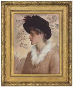 Porträt einer Dame, Halbfigur, mit schwarzem Hut und Pelzstola, 1888 von George Henry Boughton