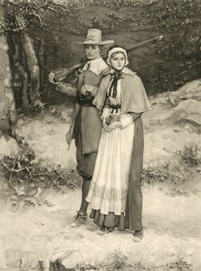 Puritanerpaar auf dem Weg zum Sonntagsgottesdienst (gestochen von Thomas Gold Appleton, 1885)