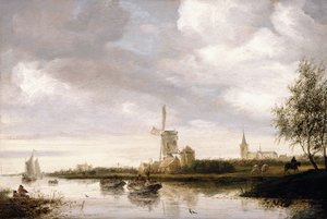 Flusslandschaft mit Lastkähnen und Segelbooten und einer Kirche im Hintergrund