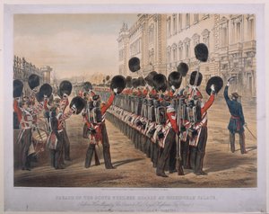 Parade der Scots Fusilier Guards am Buckingham Palace am Morgen ihrer Abreise zum Kriegsschauplatz, 2. März 1854, graviert von E. Walker, veröffentlicht von Colnaghi und Co., 1854