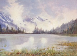 Lac Champex in Wolkenland Ende Mai; Caltha palustris und Primula farinosa am Wasserufer von George Jackson Flemwell