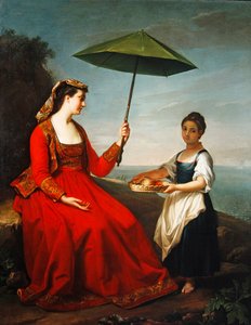 Porträt einer Dame, ganzfigur, auf einem Felsen sitzend von George James