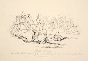 Schlacht von Ligny: Marschall Blücher betäubt durch den heftigen Sturz unter seinem Pferd, veröffentlicht von J. Booth, 1816