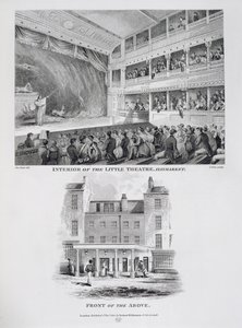 Innenraum des Little Theatre, Haymarket in London und die Front des Obigen, graviert von James Stow, 1815 von George Jones