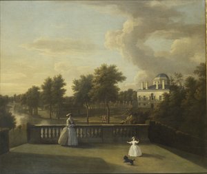Ansicht der Chiswick Villa von einem Balkon über dem Wasserfall mit dem See