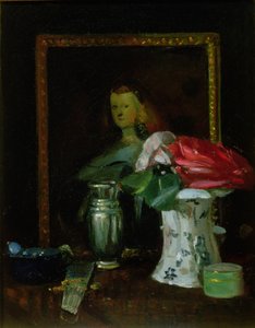 Stillleben mit Rosen, Porträt, Vase und Fächer