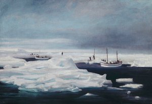 Die James Caird, Dudley Docker und Stancomb Wills an der Eisscholle im Weddellmeer, April 1916