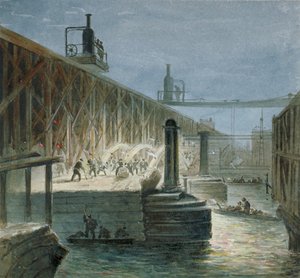 Abrissarbeiten an der Blackfriars Bridge vom Surrey-Ufer, London, 1865