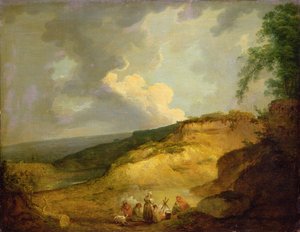 Eine weite bergige Landschaft mit einem Zigeunerlager im Vordergrund von George Morland