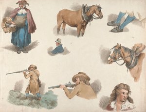 Satz von fünf: Acht Studien: Frau mit Korb, Pferd mit Scheuklappen usw. von George Morland