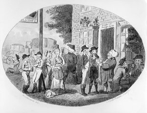 Vor der Old Hats Taverne, graviert von Isaac Cruikshank, 1796