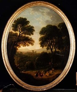 Waldlandschaft mit Bauern und Vieh auf einem Pfad
