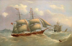 Die Ellen Ashcroft von Whitehaven unter reduzierten Segeln, in zwei Positionen vor einer felsigen Landzunge, um 1868 von George Nelson