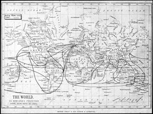 Weltkarte mit Segelrouten und Telegrafenkabeln, ca. 1893