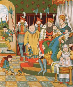Rumpelstilzchen kommt, um das erstgeborene Kind der Prinzessin als Belohnung zu fordern, 1882 von George R. Halkett