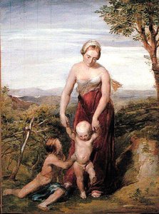 Eine Frau mit zwei Kindern in einer hügeligen Landschaft von George Richmond