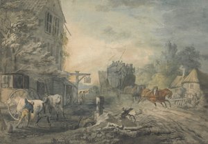 Eine Postkutsche und vier Pferde rasen durch ein Dorf auf der Bath-London Straße von George Robertson