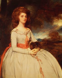 Porträt von Mrs. Moody, zweite Frau von Samuel Moody, sitzend, dreiviertel Länge, in einem weißen Kleid mit rosa Schleifen und einem rosa Gürtel, hält einen Hund auf ihrem Schoß, in einer Landschaft