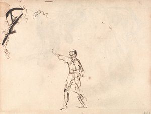 Stehende Figur mit erhobenem Arm, möglicherweise Macbeth