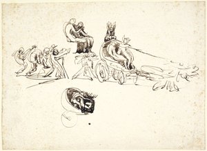 Studien eines Wagens mit zwei Figuren innen, andere Figuren dahinter