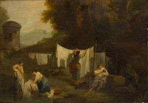 Die Bleichfelder Bauern waschen Leinen, 1754-1802 von George Romney