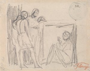 Drei stehende Figuren vor einer sitzenden Figur von George Romney