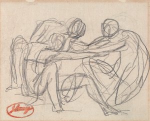 Zwei kniende Figuren kämpfen mit einer sitzenden Figur von George Romney
