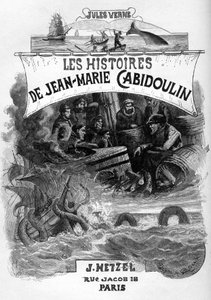 Frontispiz von Jules Vernes Roman „Les histoires de Jean-Marie Cabidoulin“ (1901), Hetzel-Sammlung/Extraordinaires, Illustration von George Roux. „Evokation von Meereszenen: Harpunierung eines Wals, Angriff eines Schiffes durch eine Seeschlange“ von George Roux