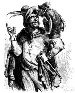 Illustration von George Roux (1853-1929) für Don Quijote von Cervantes: Meister Peter und sein Affe - der Affe in der Literatur - von George Roux