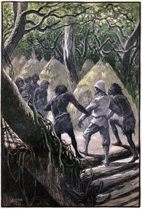 Illustration von George Roux für Jules Vernes Buch „Das Luftdorf“ (1901), Hetzel-Ausgabe/Extraordinary Voyages, Bekannte und Unbekannte Welten. Ankunft der Entdecker im Dorf in den Bäumen der Wagddis (Affen des kongolesischen Waldes)