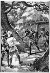 Illustration von George Roux für das Buch von Jules Verne Das Luftdorf (1901), Hetzel-Ausgabe/Extraordinäre Reisen, Bekannte und Unbekannte Welten. Zwei Wagdiss-Wächter bedrohen Entdecker mit ihren verzweigten Waffen von George Roux