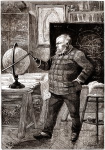 J. T. Maston, Mathematiker und Abenteurer, Sekretär des Gun-Clubs, Hauptfigur in Jules Vernes Roman "Sans dessus dessous", Sammlung Hetzel / voyages extraordinaires 1889. Zeichnung von George Roux.