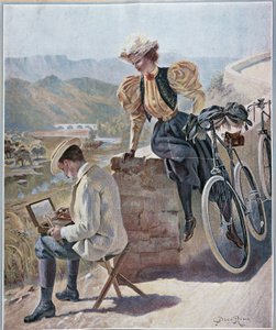 Aquarell und Radfahren - Lithografie von Georges Roux, um 1900 von George Roux