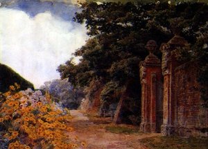 Ein Gartenrand mit einer Mauer und einem Tor von George Samuel Elgood