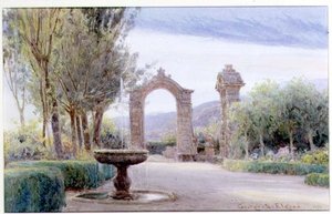 Ein italienischer Garten mit einem Brunnen und zwei Torbögen von George Samuel Elgood