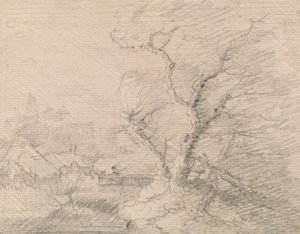 Landschaft mit Fußbrücke und großem Baum
