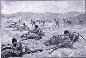 Ein Kosake und sein Pferd: eine Vorrichtung zur Deckung während eines Gefechts, Illustration aus Cassells Geschichte des Russisch-Japanischen Krieges Band 1, ca. 1900 von George Soper