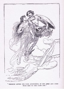 Perseus hob seine schöne Andromeda in seine Arme und floh mit ihr zu den Klippen, aus The Heroes, veröffentlicht von George Allen und Unwin 1929