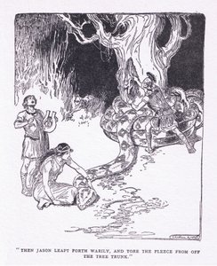 Dann sprang Jason müde hervor und riss das Vlies vom Baumstamm, aus Die Helden, veröffentlicht von George Allen und Unwin 1929