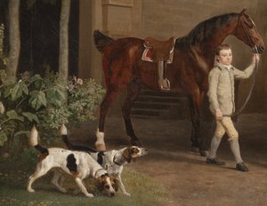 (Detail) William Henry Cavendish Bentinck, 3. Herzog von Portland vor den Reitställen der Welbeck Abbey, 1766-7 von George Stubbs
