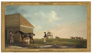 Gimcrack auf Newmarket Heath mit einem Trainer, einem Jockey und einem Stallburschen