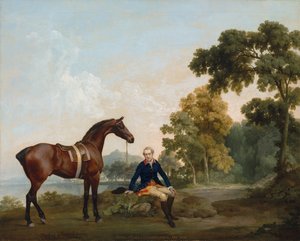 James Hamilton, 2. Earl of Clanbrassil (1730-1798), mit seinem braunen Jäger Mowbray, auf einem bewaldeten Pfad an einem See ruhend von George Stubbs