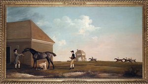 Das Rennpferd Gimcrack auf Newmarket Heath mit Trainer, Stallbursche und Jockey