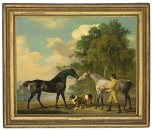 Zwei Jäger mit einem jungen Stallburschen und einem Hund an einem See, 1778