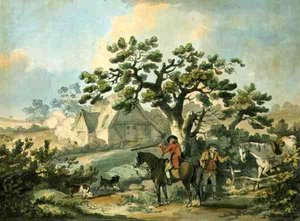 Rebhuhnjagd, radiert von Thomas Rowlandson, veröffentlicht von J. Harris, 1789 (farbige Radierung) von George after Morland